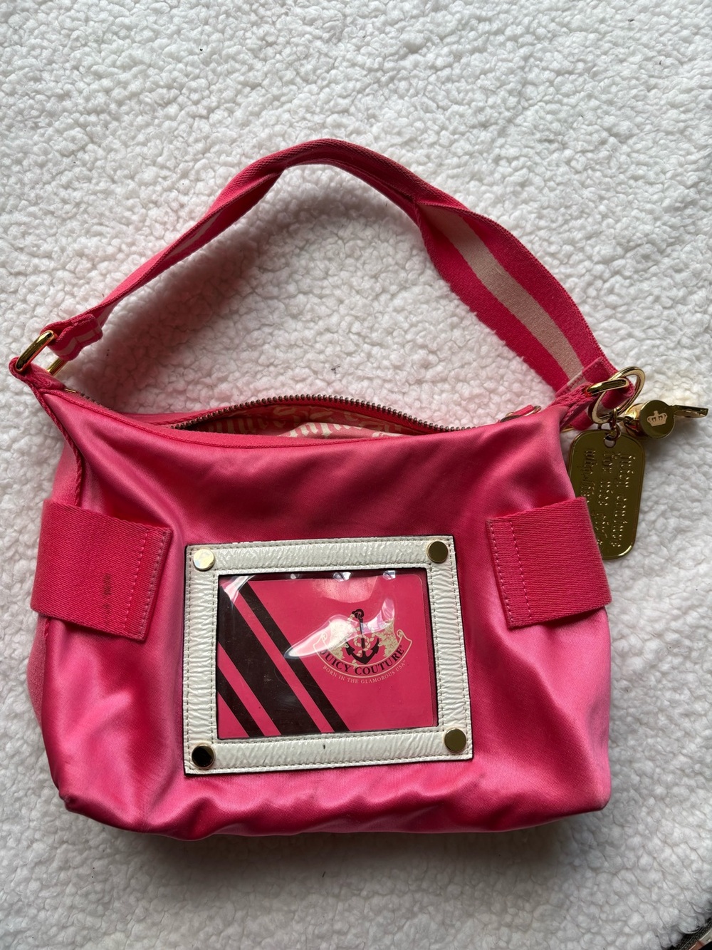Juicy Couture Vintage Y2K Hot Pink Satin Shoulder Bag Whistle and Plate Charms - Picture 1 of 11